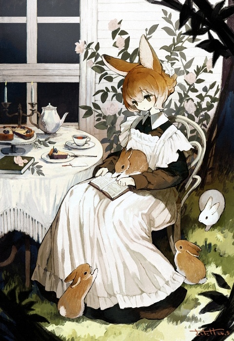 お庭で読書するうさぎメイドさん