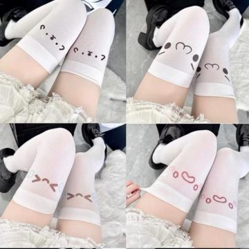 二次元表情长高筒白丝袜日系颜文字可爱印花亚文化过膝袜纯欲